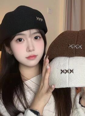 黑色毛呢贝雷帽子女冬季韩系百搭显脸小反戴前进帽保暖气质画家帽