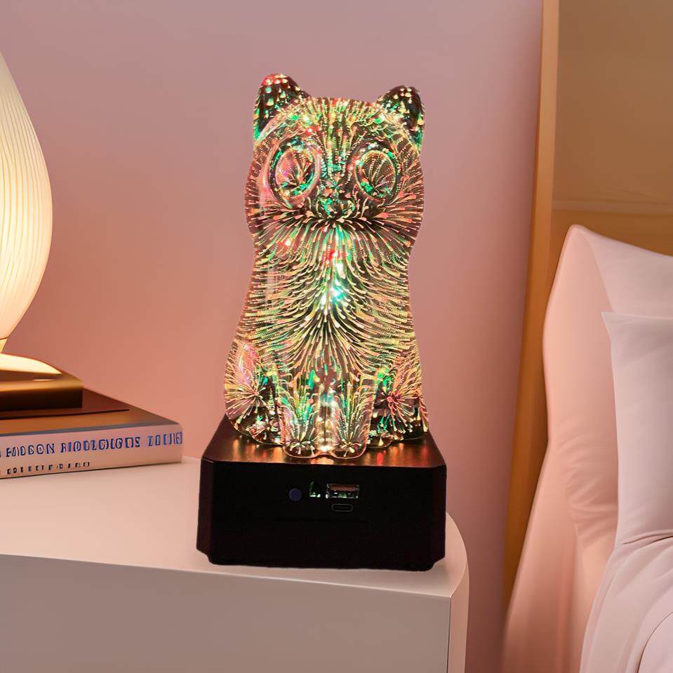 新款3D烟花摆件猫蓝牙音箱灯送礼好物家用七彩变光小夜灯发光礼物