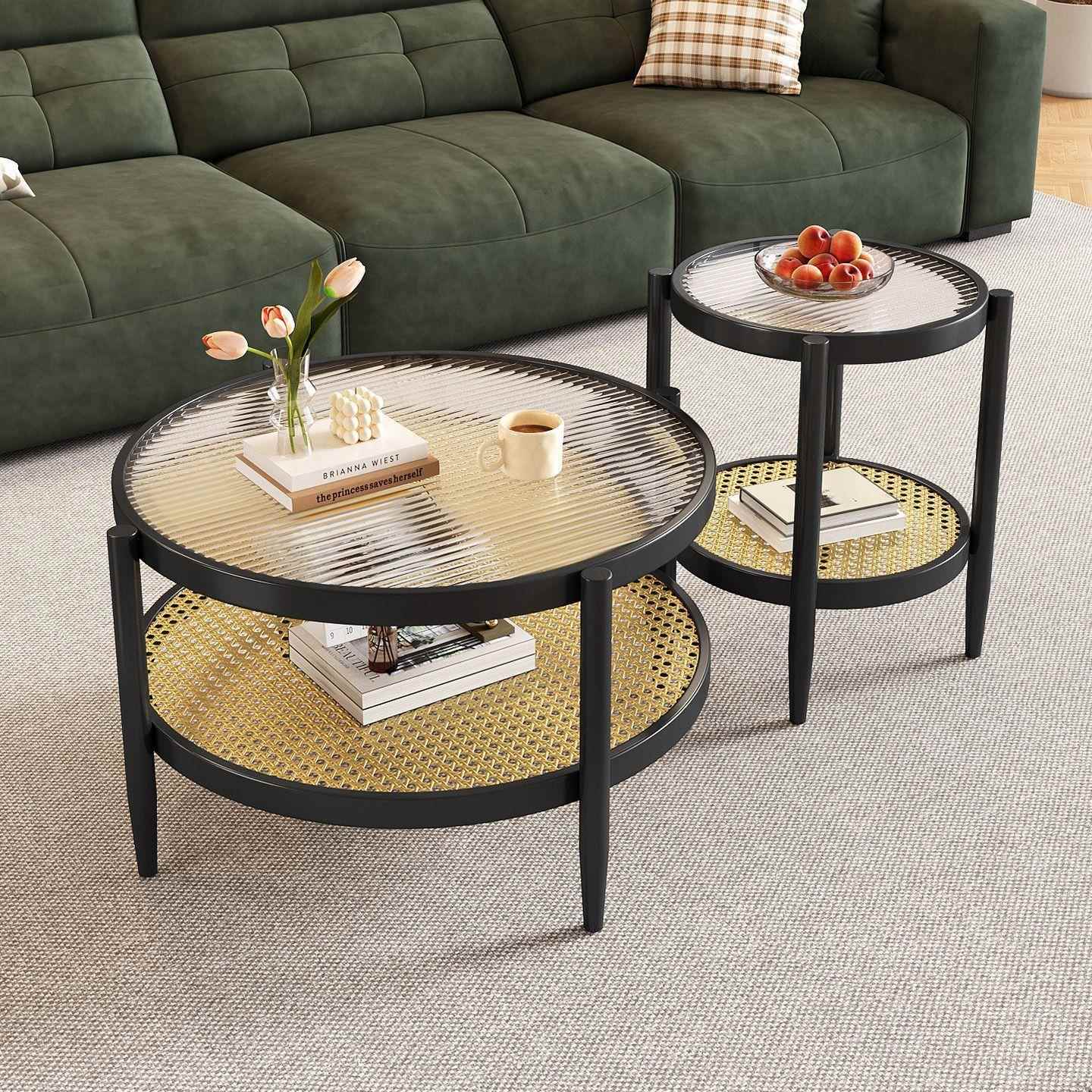 日式藤编茶几圆形钢化玻璃茶几客厅家用小户型日式简约边几组合