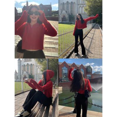 pusumede红色短款连帽针织开衫女设计感拉链薄款外套休闲慵懒上衣