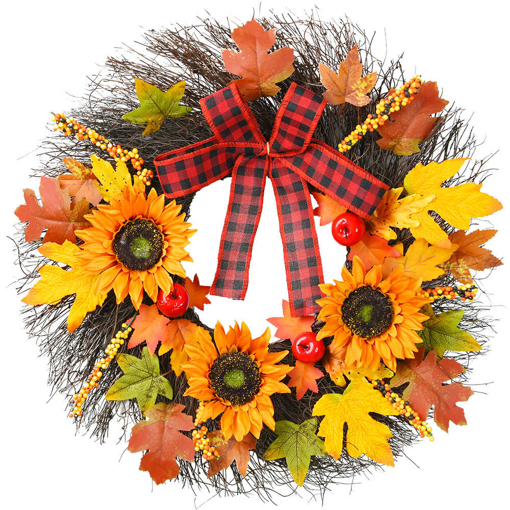 新款万圣节秋色花环仿真枫叶南瓜浆果门挂丰收节藤圈感恩节花圈