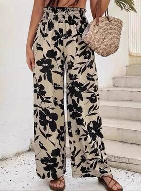 Women's Floral Print Pants Boho Casual Comfy Loose Wideleg