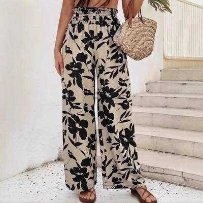 Women's Floral Print Pants Boho Casual Comfy Loose Wideleg