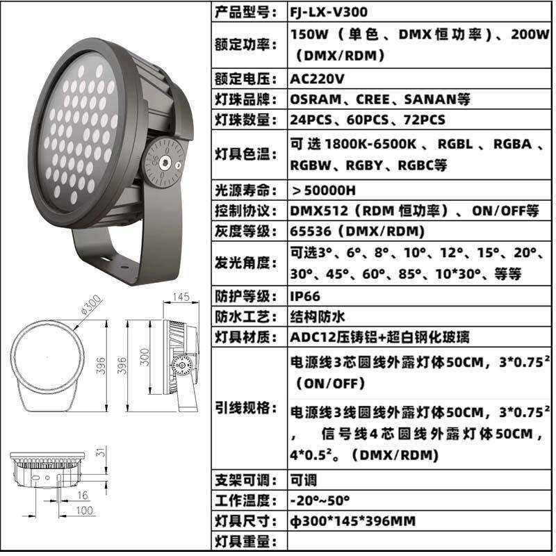 结构防水投光灯恒功率150W200W全彩DMX/RDM照树楼宇桥梁古迹亮化