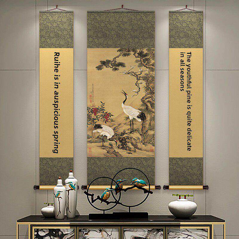 松梅双鹤图中堂丝绸卷轴挂画客厅装饰画中式山水国画餐厅明清古画