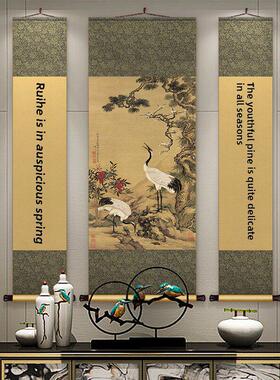 松梅双鹤图中堂丝绸卷轴挂画客厅装饰画中式山水国画餐厅明清古画