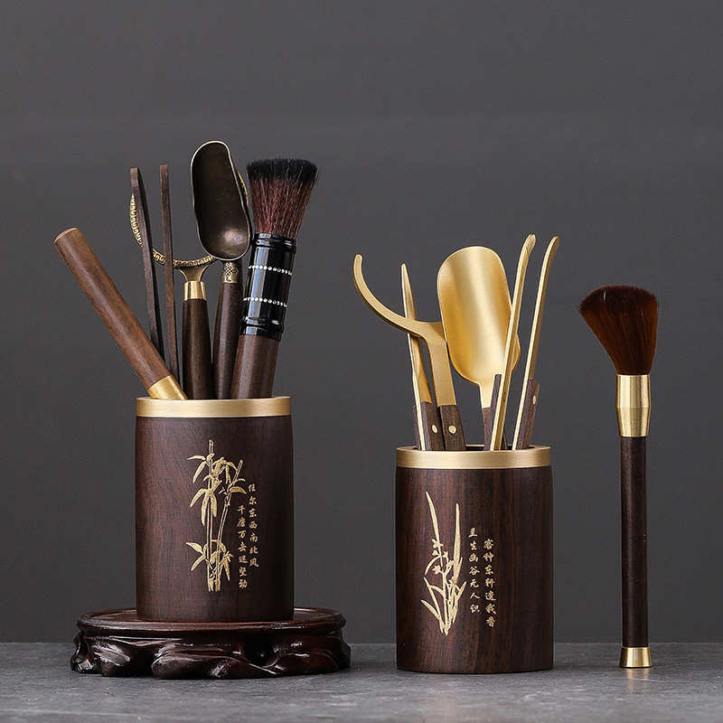 黑檀铜木茶道六君子实木黑檀纯铜功夫茶具配件茶刀笔筒茶夹子茶勺