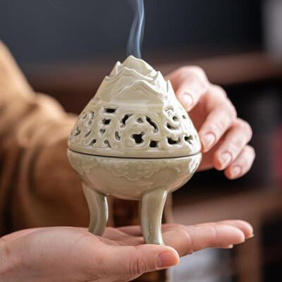 越窑秘色釉DCK青用瓷端缠枝祥龙镂空陶高茶瓷道家中式仿古盘香熏