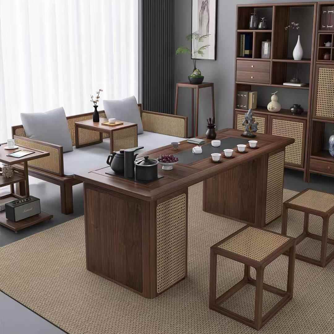 正品易孜轩新实木藤编茶桌中黑胡桃木家桌用茶台式烧水壶一体茶椅图片