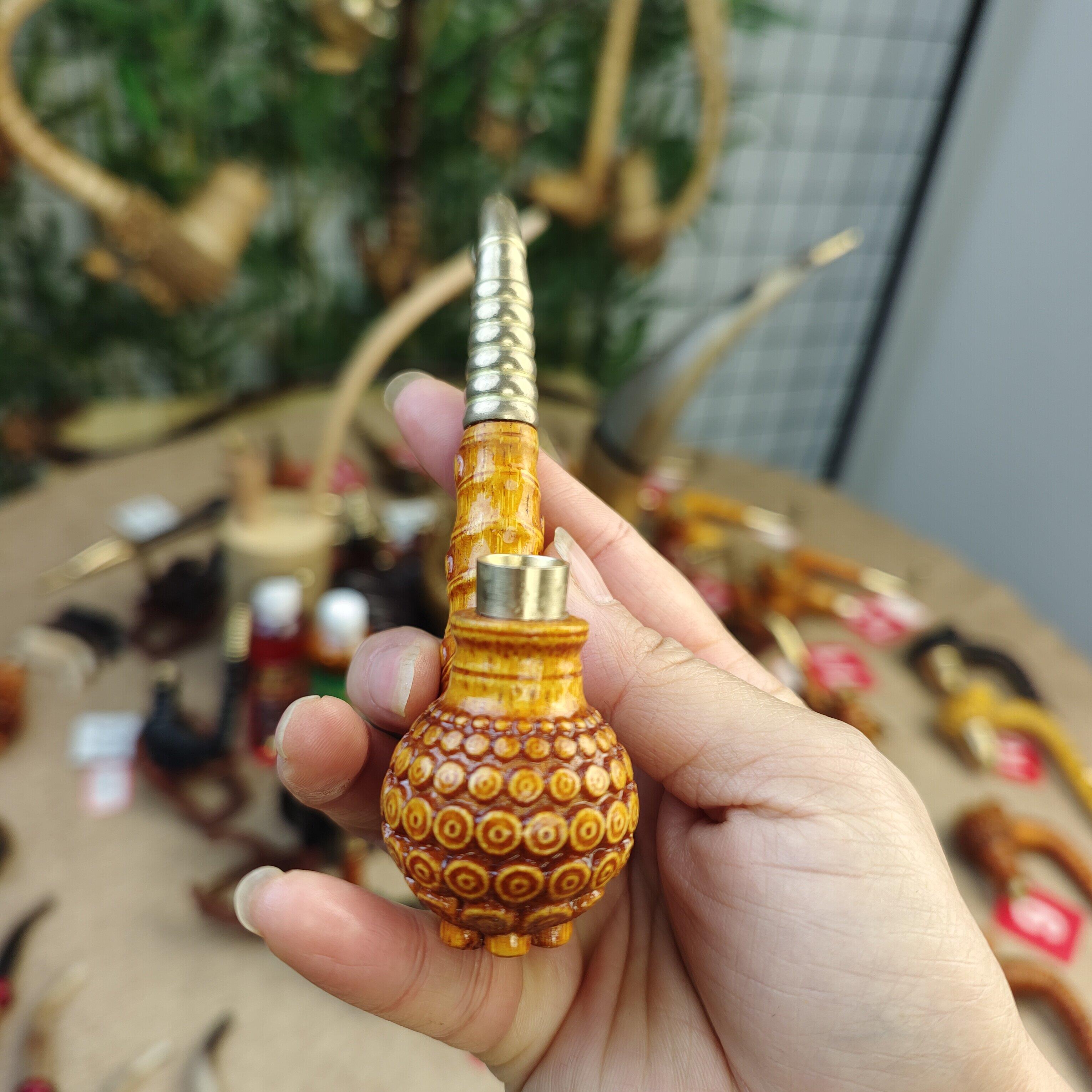 贵州传统烟斗手把件实心竹一体雕刻三用火口
