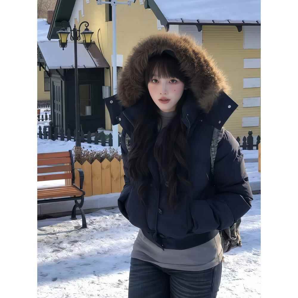 菲奥娜藏青色短款小个子棉服女2025冬季新款高级显瘦棉衣加厚外套