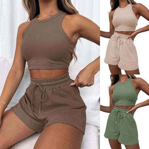 Women's 2 Counts Solid Waffle Textured Shorts Set  Round
