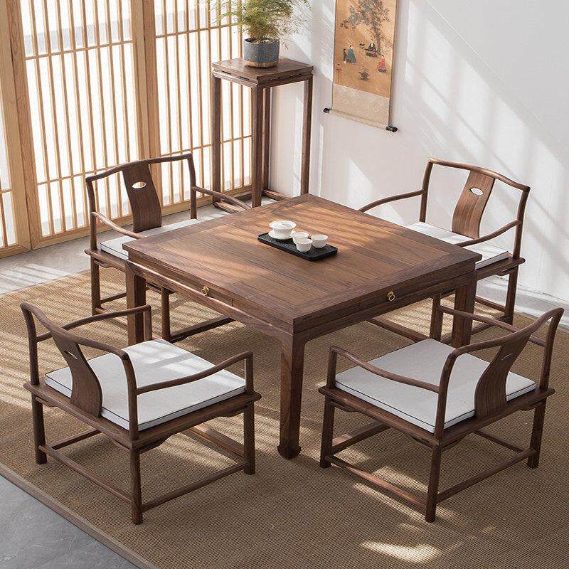 新中式黑胡桃木八仙桌四方桌餐桌实木掼蛋棋牌桌椅组合茶室泡茶桌