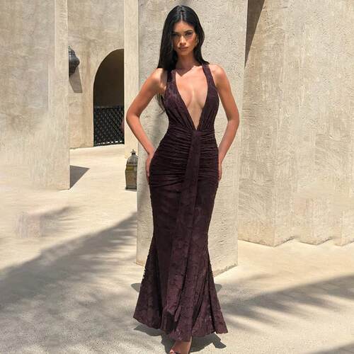 Women's Deep V-Bag Butt Dress with Strap Tail Long Dress