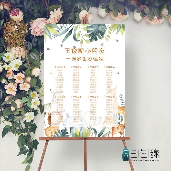 定制宝宝宴生日席位图卡通小动物座位表百日满月海报桌席名单
