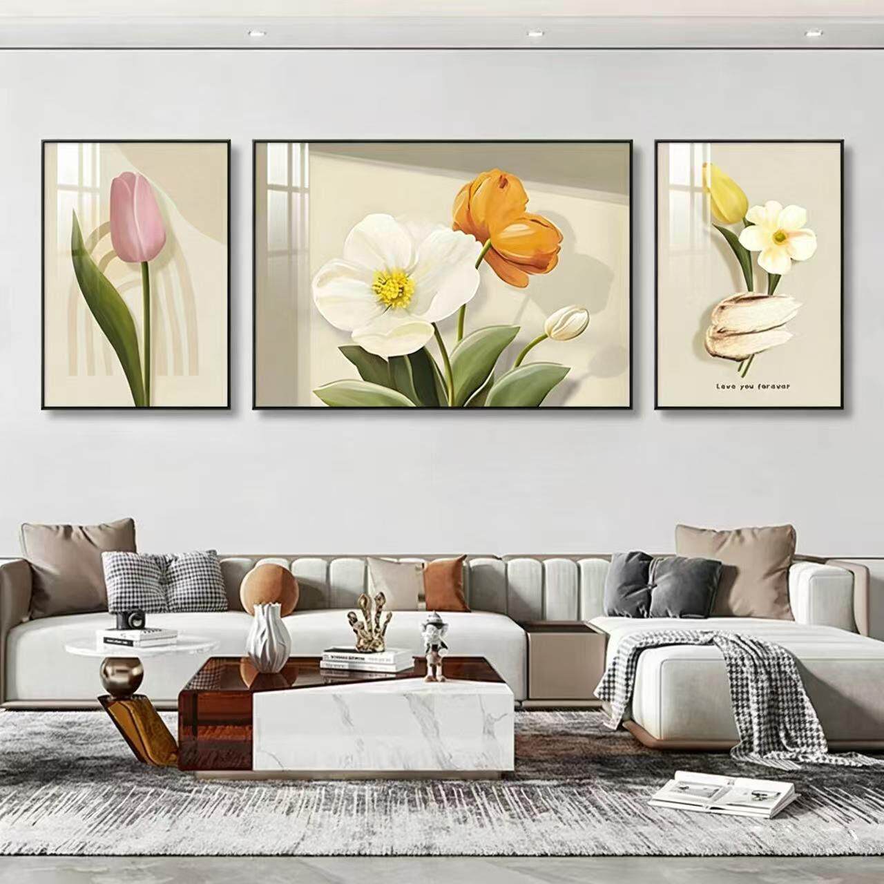 现代简约植物花卉装饰画客厅三联画有框晶瓷画包安装现代装饰画
