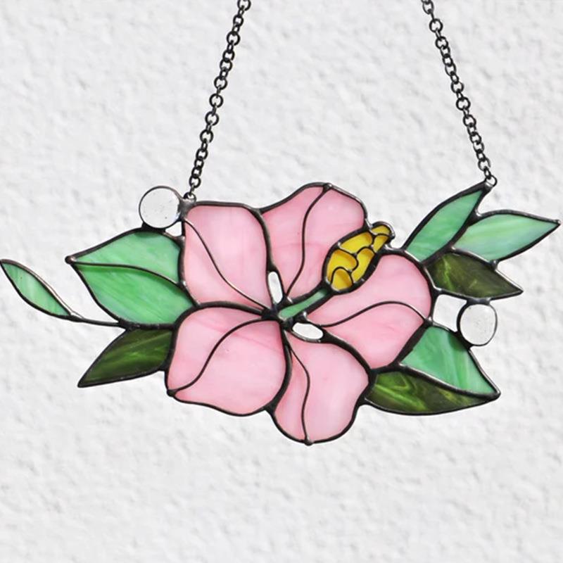 彩色玻璃芙蓉红花捕光器家居装饰窗饰玻璃墙艺术母亲节挂件