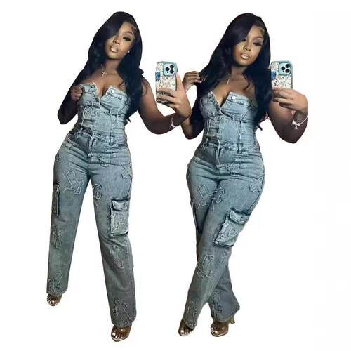 2025Jeans Outfit Set Multi Pockets Jeans Cargo Jumpsuit Sexy