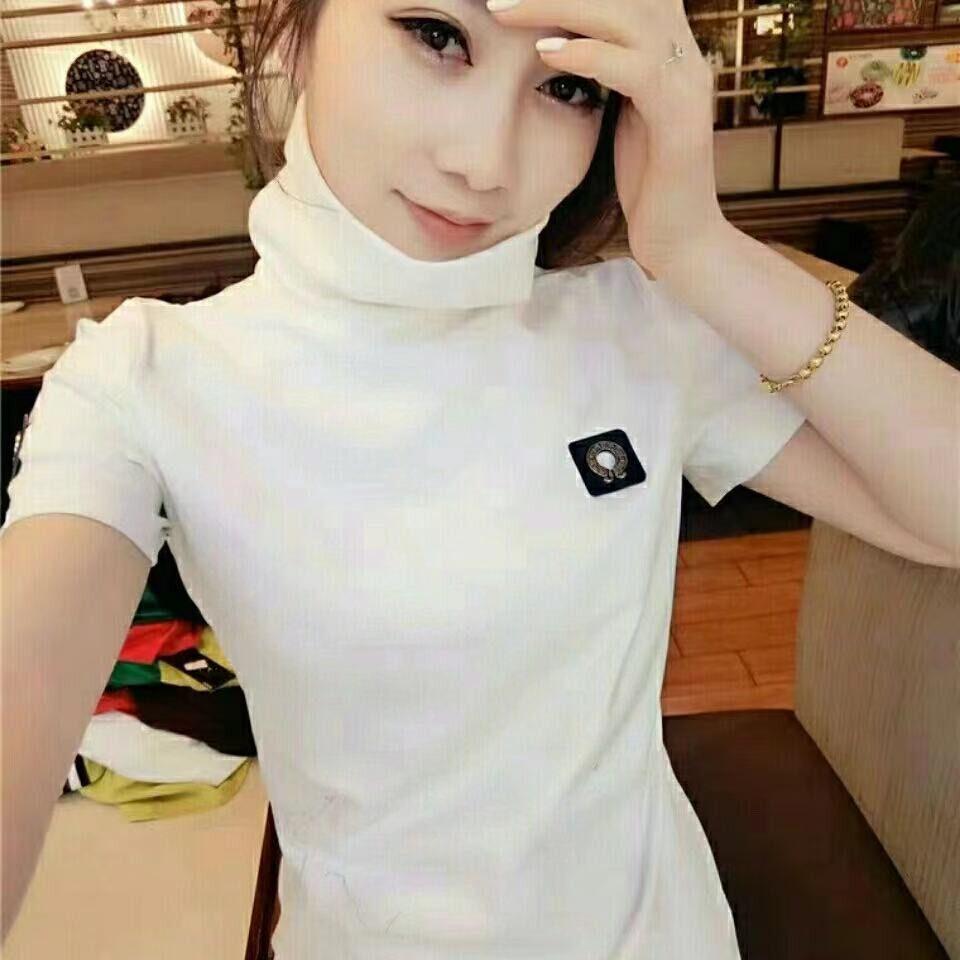 好货半高领短袖t恤女春秋2026欧货爆款大码女装堆堆领小衫修身打