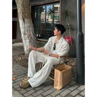 韩国CHIPOTLE老钱风亚麻套装男2025年秋季长袖衬衫搭配裤子一整套