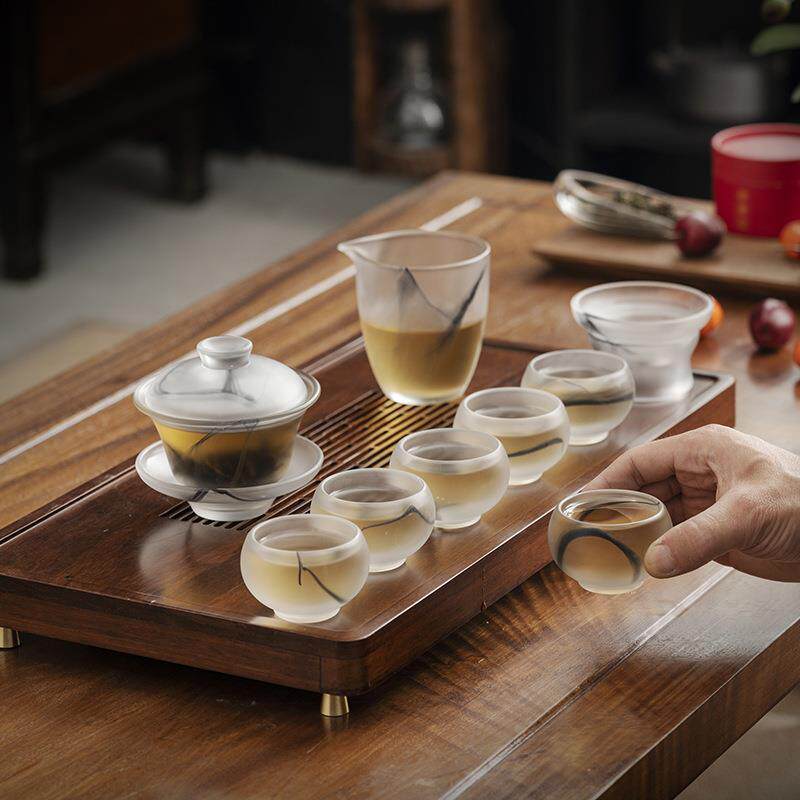 古法琉璃水墨功夫茶具套装白玉盖碗陶瓷冰冻烧主人杯琉璃茶具套装