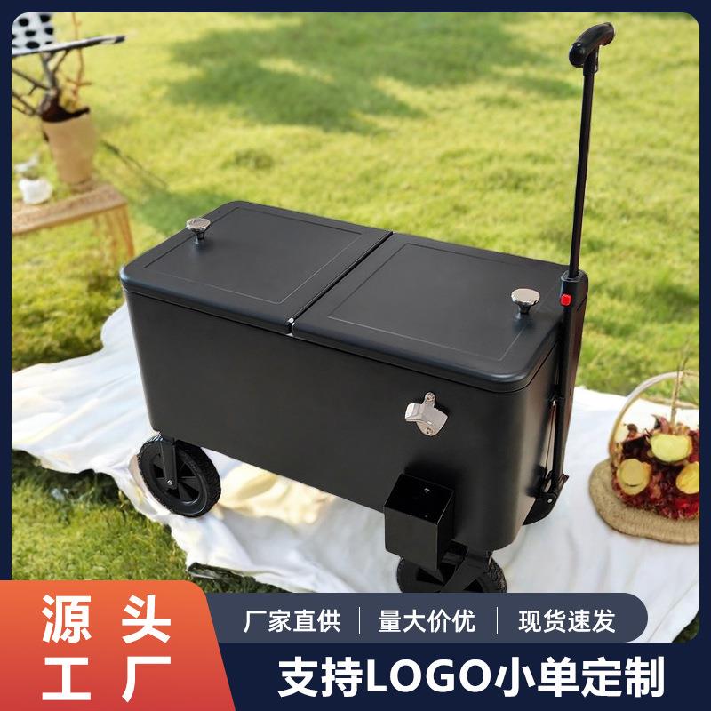 亚马逊推车保温箱户外露营拉杆小推车冰桶黑色保温箱金属冷藏箱