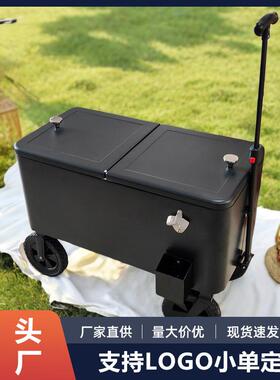 亚马逊推车保温箱户外露营拉杆小推车冰桶黑色保温箱金属冷藏箱