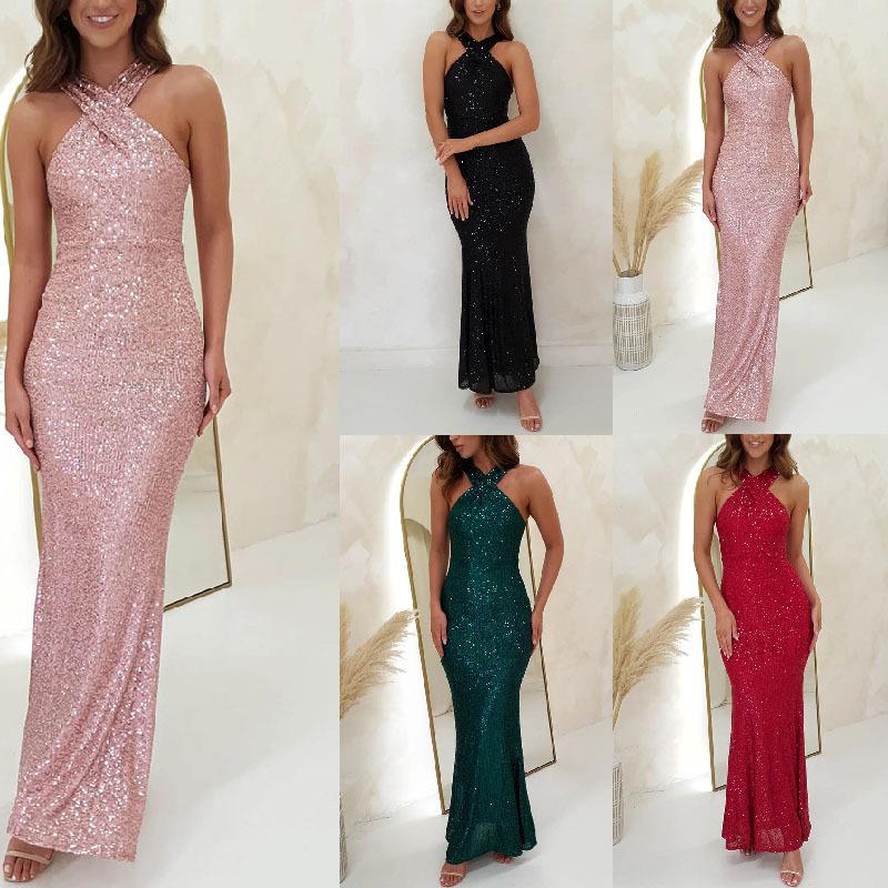 Sexy backless sleeveless sequined maxi dress evening gown