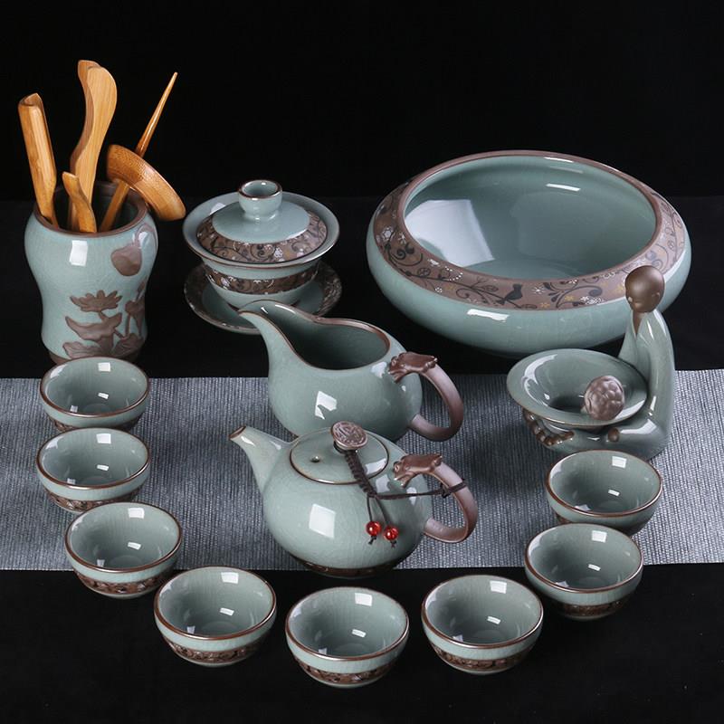 陶瓷功夫茶具套组家用哥窑开片可养客厅办公室冰裂中式泡茶壶茶杯
