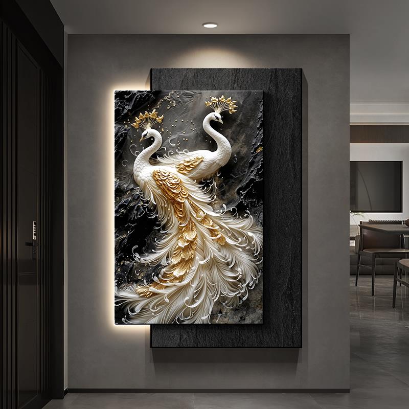孔雀入户门玄关装饰画轻奢高级感走廊过道灯画浮雕立体肌理感挂画图片