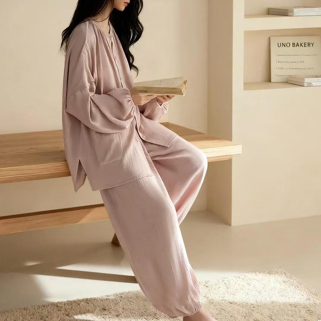 秋冬季带胸垫云朵棉纯色可内外穿家居服简约舒适潮流宽松束脚睡衣