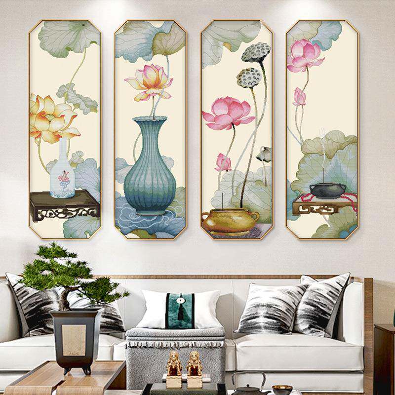 荷颜悦色十字绣四联竖版小幅自己绣手工客厅简约现代线绣新款