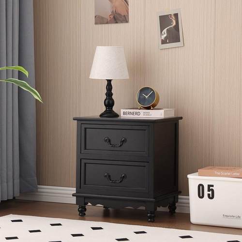 高级实木黑色床头柜法式床边收纳柜轻奢卧室家用简约储物柜复古风