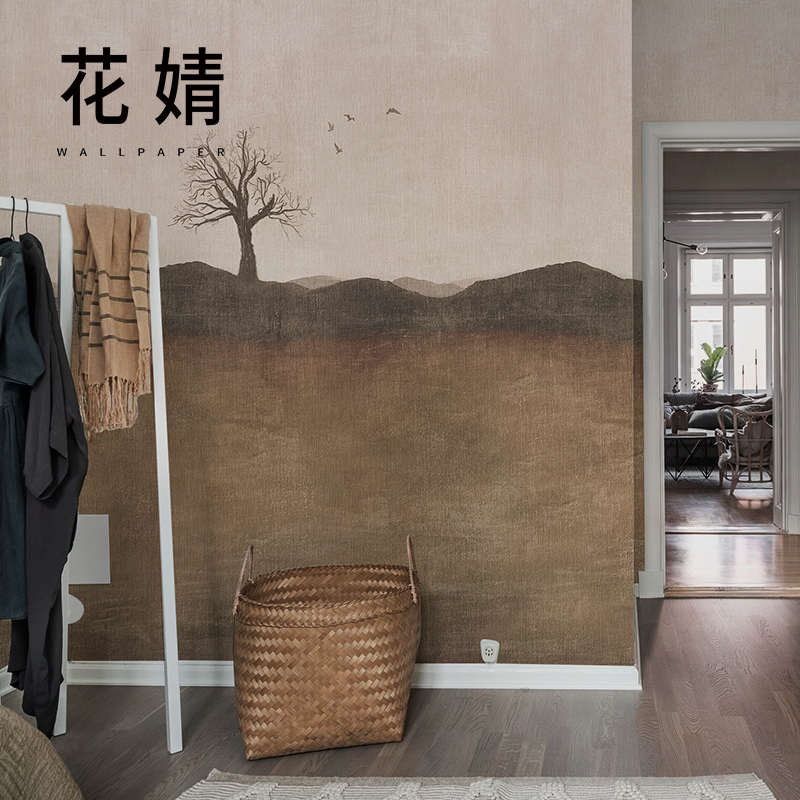 中式山水电视背景墙壁纸无纺布酒店工装墙布无缝卧室墙纸定制壁画