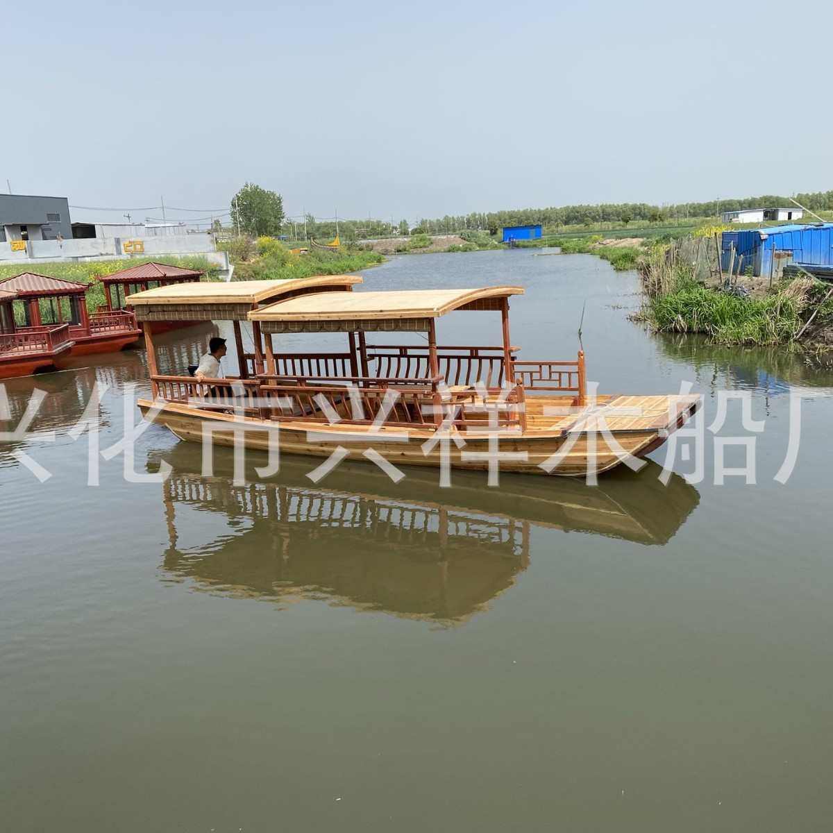 厂家供应高低双篷观光旅游木船电动手划船景区餐饮船装饰仿古木船