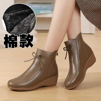 正品妈妈的鞋子棉鞋女式冬底2025新款秋真皮底短靴女软式平鞋楔形