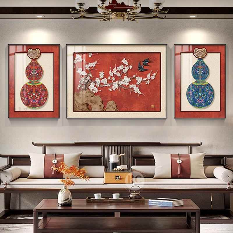 新中式花鸟客厅装饰画中国风寓意好沙发背景墙挂画高级感三联壁画