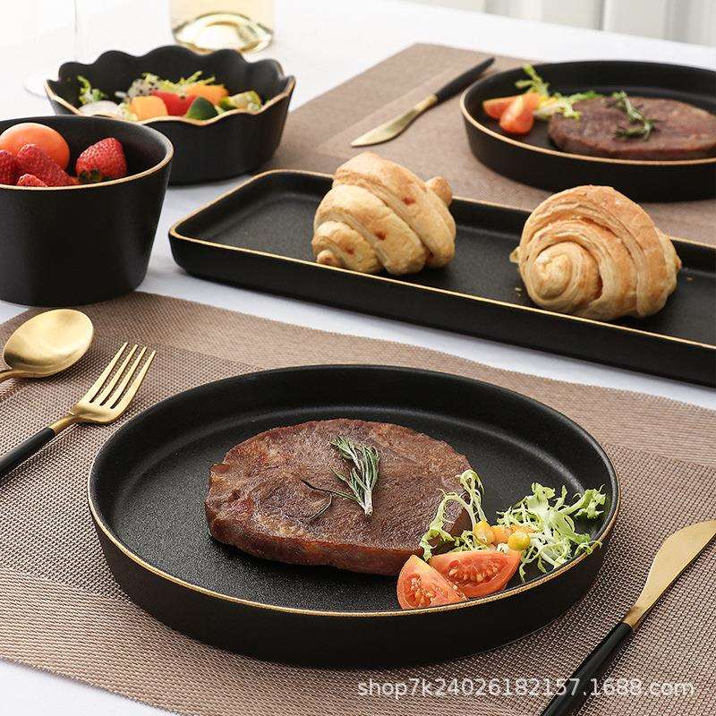 黑色牛排盘套装蘸料碟沙拉碗意面碗陶瓷家用聚餐年夜饭西餐餐盘
