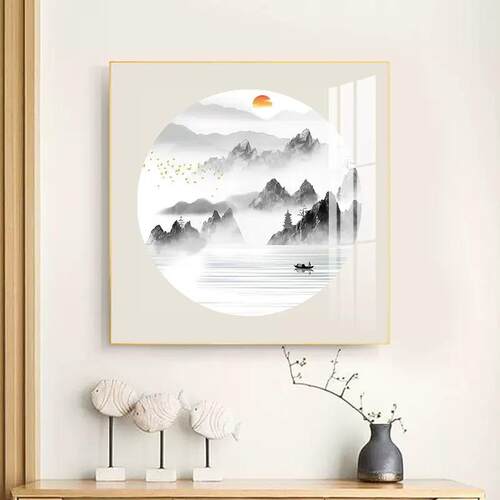 新中式玄关装饰画风景山水画走廊过道壁画客厅方形餐厅办公室挂画