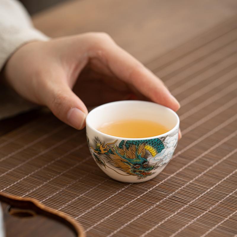 羊脂玉瓷龙腾四海品茗杯撇口杯钵云杯罗汉杯家用茶碗喝茶杯子茶具