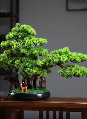 新中式迎客松摆件仿真盆景玄关造景罗汉松树客厅茶桌办公室工艺品