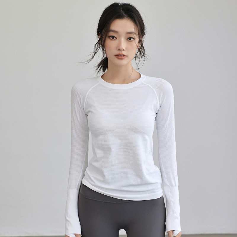 秋冬季新款无缝运动健身速干长袖薄款圆领瑜伽服训练跑步上衣户外