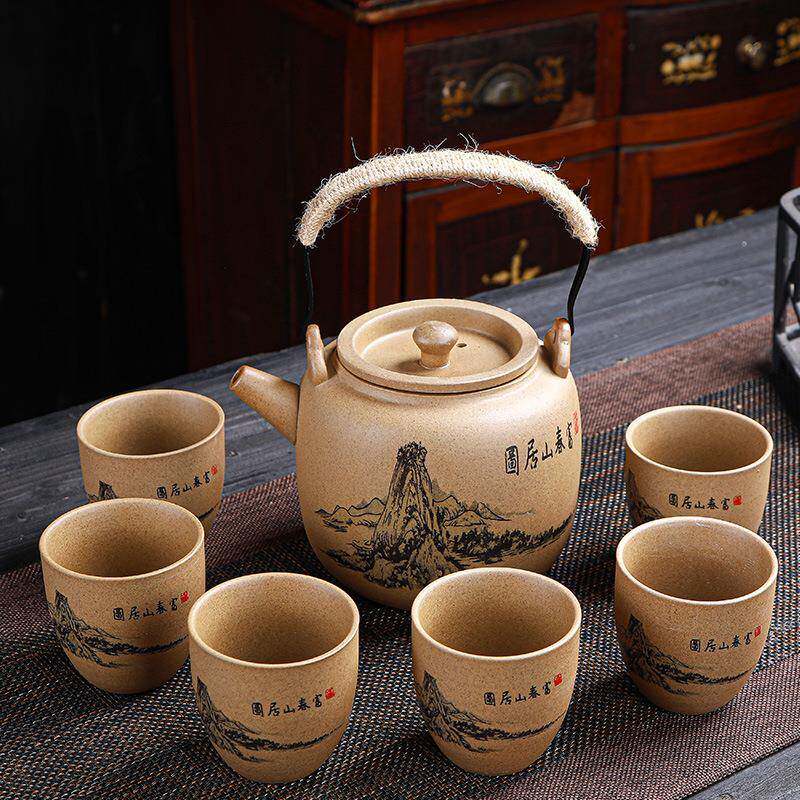 复古粗陶提梁壶茶具套装大号家用泡茶壶大容量冷水壶茶杯整套礼品
