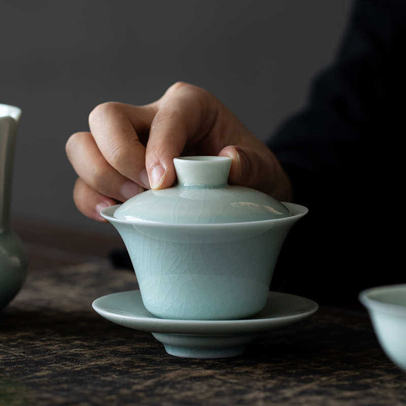 湖田窑影青釉三才盖碗陶瓷功夫茶具开片可养泡茶碗三才盖碗喝茶杯