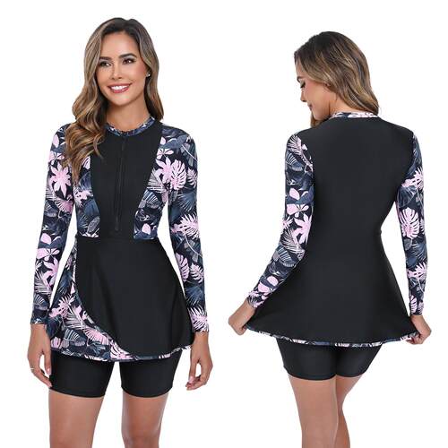 Long sleeved printed skirt style split women's swimsuit