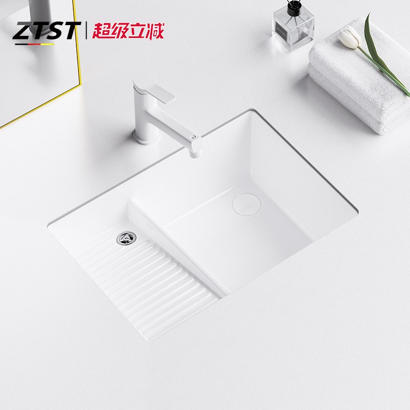 ZTST陶瓷洗衣盆台下盆加深大容量搓衣盆带搓板双下水洗脸水槽水盆