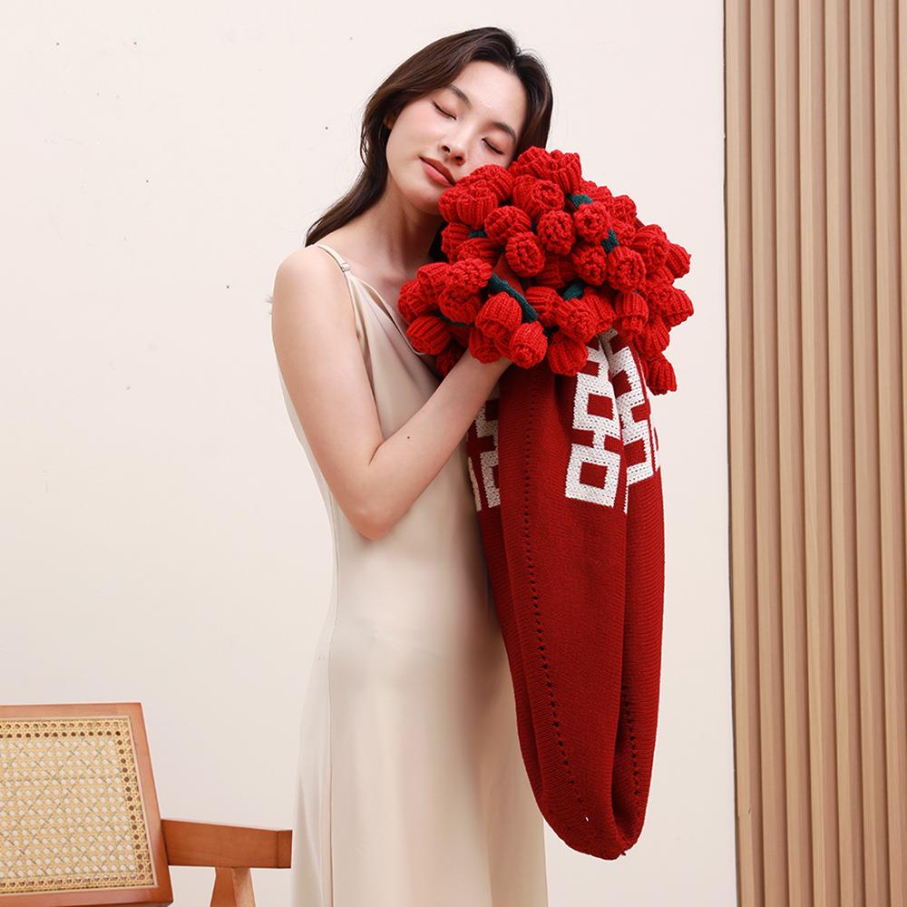 花束毯子成品送女朋友手织送人手工编织女生情人节七夕玫瑰花毛毯