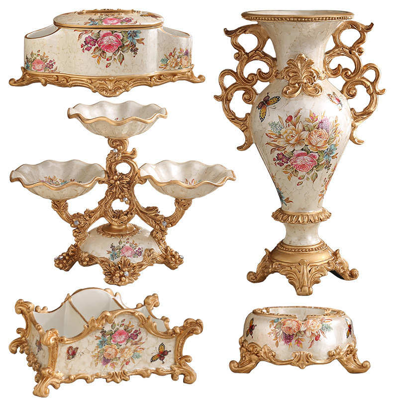 欧式家居烟灰缸装饰树脂工艺品水果盘纸巾盒花瓶套装美式创意摆件