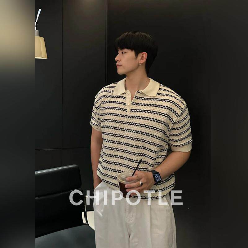 韩国CHIPOTLE肌理感条纹短袖t恤男2026夏季时尚亨利领针织Polo衫