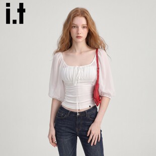 it:CHOCOOLATE白色中袖雪纺衫女2026新款夏灯笼袖U领修身显瘦上衣